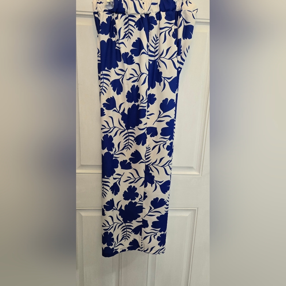 Chic Blue Floral Wide Leg Pants 100% Polyester